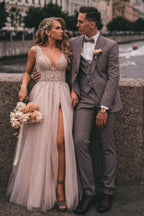 Langes Boho-Brautkleid mit A-Linie und V-Ausschnitt, Tüllapplikationen und Spitze und Schlitz