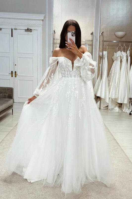 Vestidos de novia bohemios largos blancos de corte A con hombros descubiertos, encaje y mangas largas
