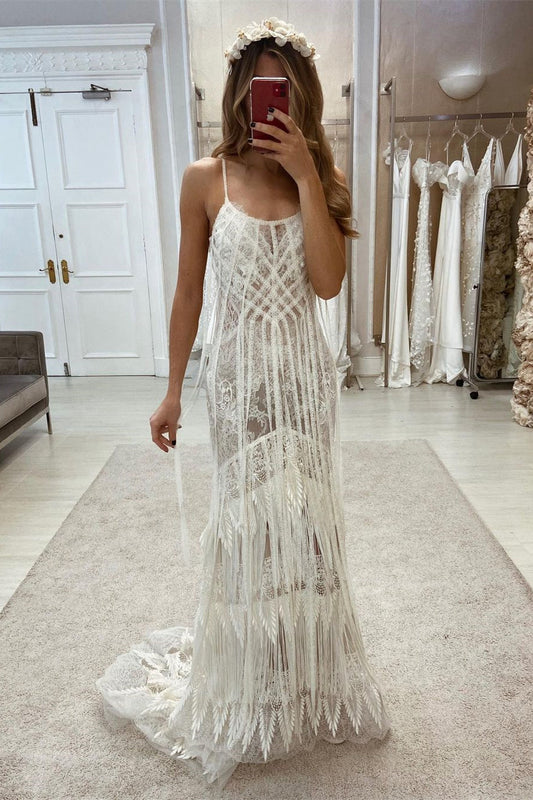 Vestido de novia bohemio con tirantes finos, encaje, sin mangas y largo hasta el suelo