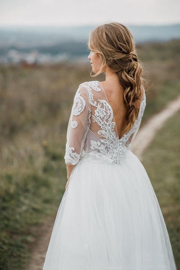 Vestido de novia bohemio con espalda descubierta y escote pronunciado, WD499