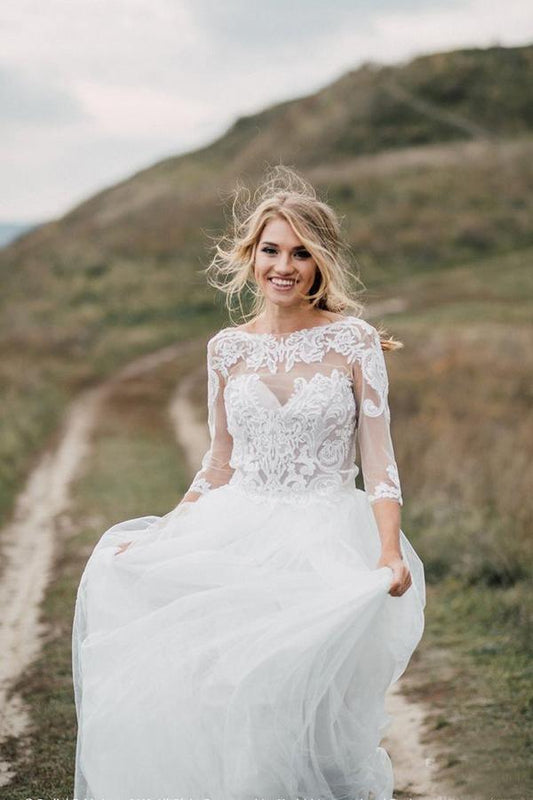 Vestido de novia bohemio con espalda descubierta y escote pronunciado, WD499