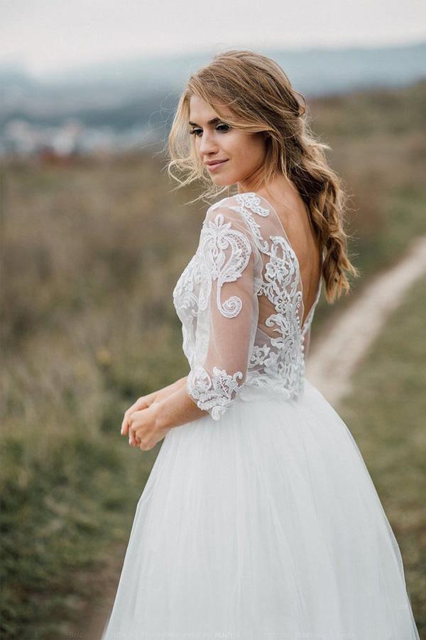 Vestido de novia bohemio con espalda descubierta y escote pronunciado, WD499