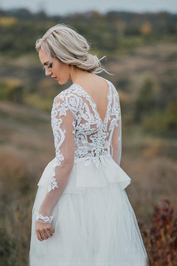 Boho Brautkleid V-Rücken Brautkleid aus Spitze Separates Hochzeitskleid WD496