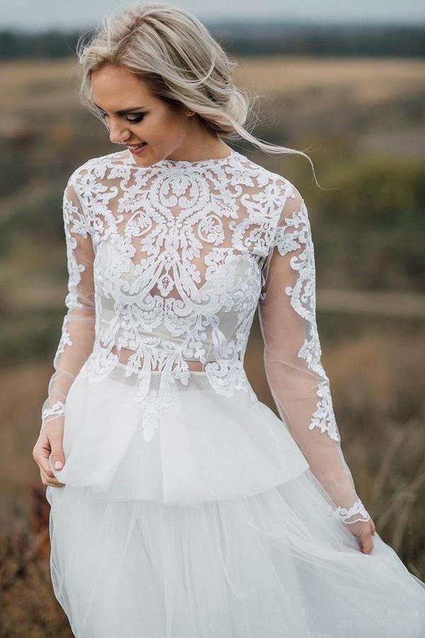 Boho Brautkleid V-Rücken Brautkleid aus Spitze Separates Hochzeitskleid WD496