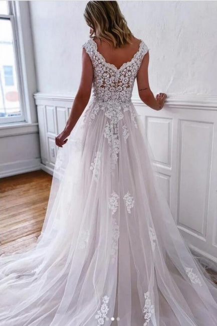 Boho Weiße A-Linie Ärmellose Brautkleider mit Spitze