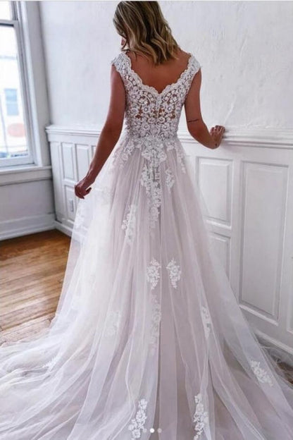 Boho Weiße A-Linie Ärmellose Brautkleider mit Spitze
