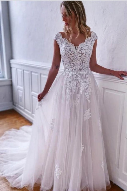 Boho Weiße A-Linie Ärmellose Brautkleider mit Spitze