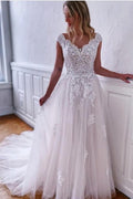 Boho Weiße A-Linie Ärmellose Brautkleider mit Spitze
