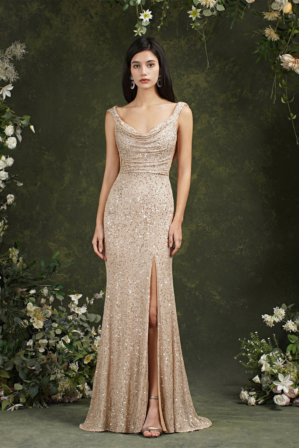 Brillantes rückenfreies Meerjungfrau-Brautjungfern-/Ballkleid mit U-Ausschnitt und Pailletten und Seitenschlitz