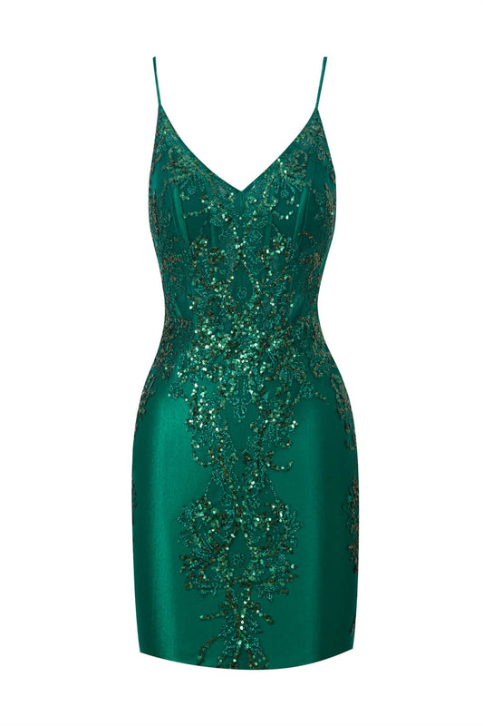 Brooklyn | Vestido de fiesta corto de satén con escote en V y apliques