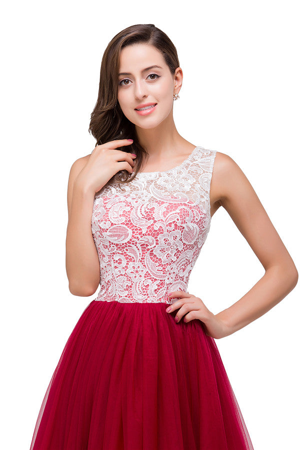Vestidos de dama de honor de gasa con encaje y corte en A en color burdeos