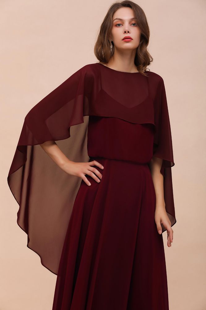 Vestidos de dama de honor color burdeos con tirantes finos de gasa hasta el suelo, vestido de invitada de boda con capa en la espalda