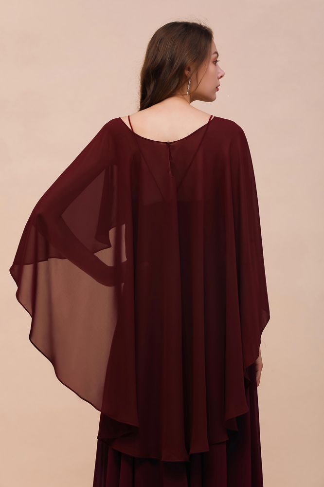 Vestidos de dama de honor color burdeos con tirantes finos de gasa hasta el suelo, vestido de invitada de boda con capa en la espalda