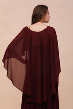 Vestidos de dama de honor color burdeos con tirantes finos de gasa hasta el suelo, vestido de invitada de boda con capa en la espalda