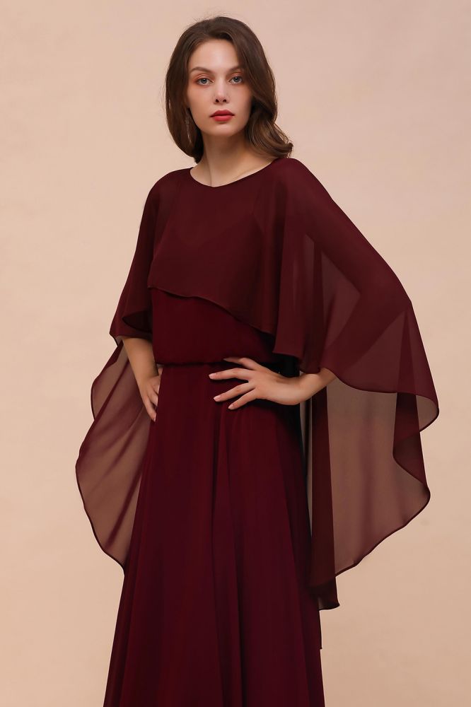Vestidos de dama de honor color burdeos con tirantes finos de gasa hasta el suelo, vestido de invitada de boda con capa en la espalda