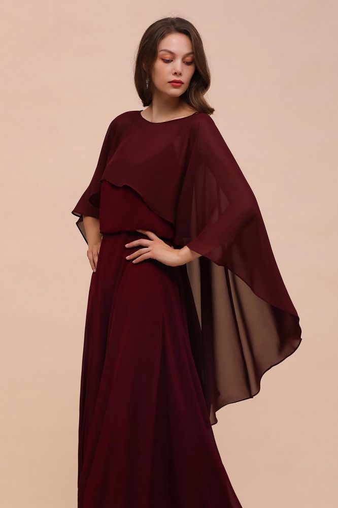 Vestidos de dama de honor color burdeos con tirantes finos de gasa hasta el suelo, vestido de invitada de boda con capa en la espalda
