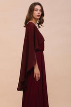 Vestidos de dama de honor color burdeos con tirantes finos de gasa hasta el suelo, vestido de invitada de boda con capa en la espalda