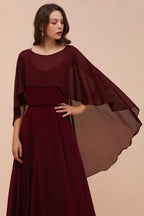Vestidos de dama de honor color burdeos con tirantes finos de gasa hasta el suelo, vestido de invitada de boda con capa en la espalda