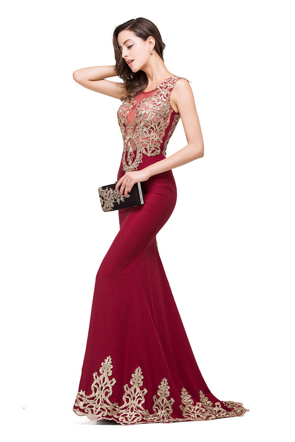 Vestidos formales de sirena con corte acampanado y cuello redondo en color burdeos
