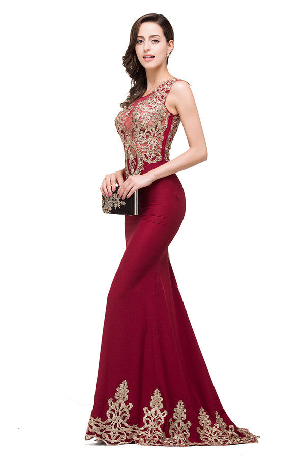Vestidos formales de sirena con corte acampanado y cuello redondo en color burdeos