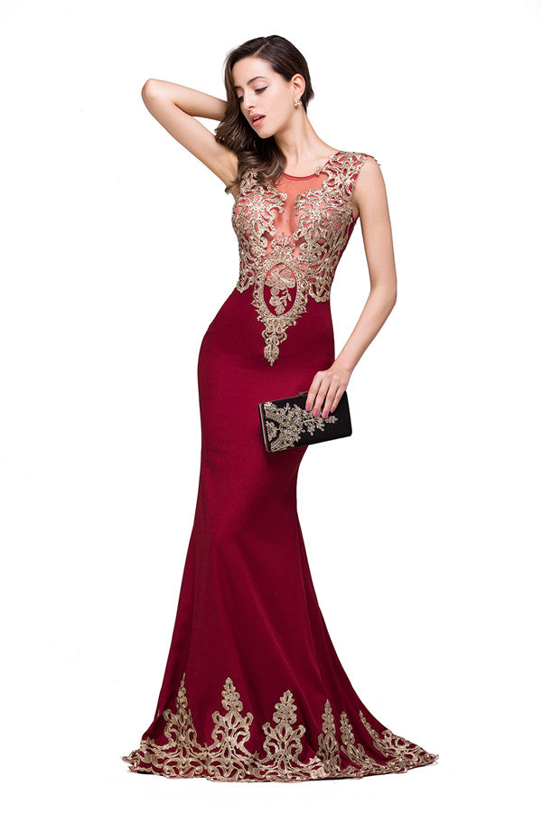 Vestidos formales de sirena con corte acampanado y cuello redondo en color burdeos