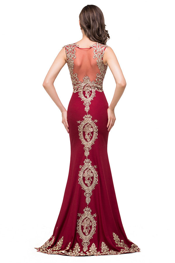 Vestidos formales de sirena con corte acampanado y cuello redondo en color burdeos