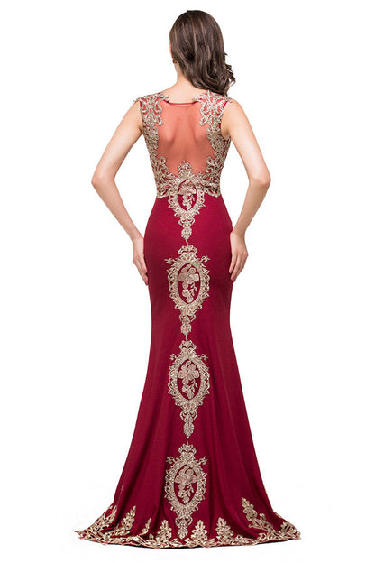 Vestidos formales de sirena con corte acampanado y cuello redondo en color burdeos