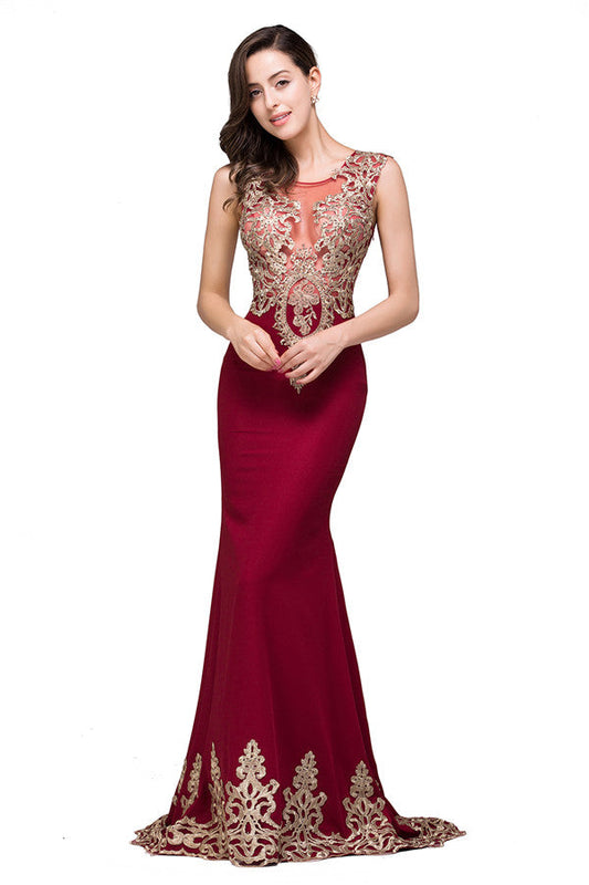 Vestidos formales de sirena con corte acampanado y cuello redondo en color burdeos