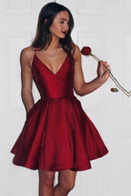 Vestido de fiesta color burdeos con tirantes finos, sencillo y bonito, PG125