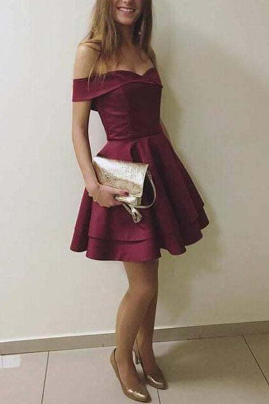 Vestido de graduación corto elegante color burdeos con hombros descubiertos, vestido de regreso a casa PD123