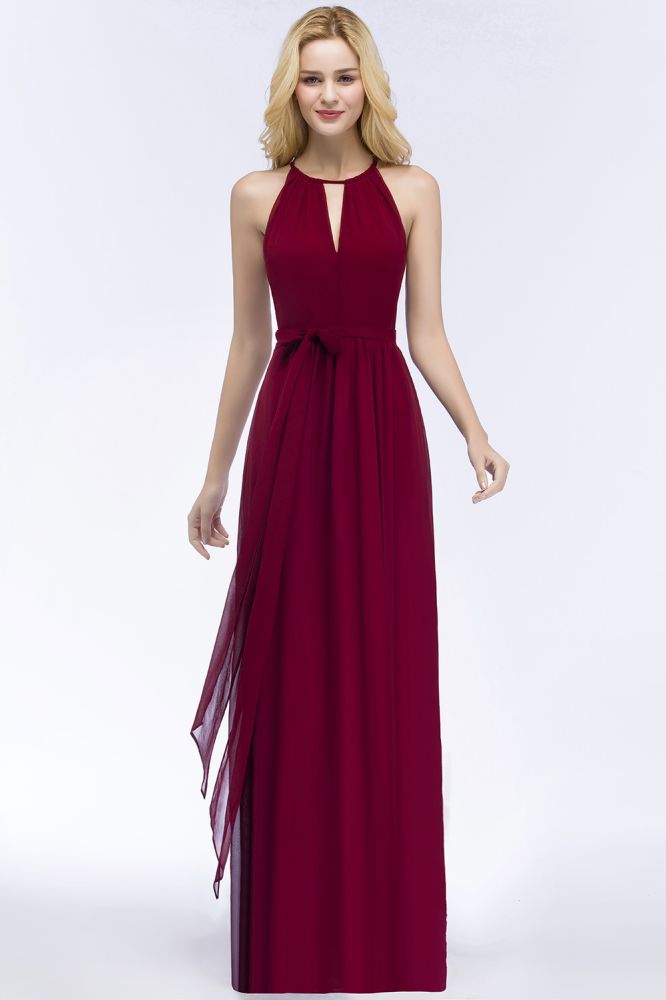 Vestidos de dama de honor burdeos con cuello halter, corte A, largo hasta el suelo y lazo