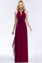 Vestidos de dama de honor burdeos con cuello halter, corte A, largo hasta el suelo y lazo