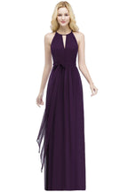 Vestidos de dama de honor burdeos con cuello halter, corte A, largo hasta el suelo y lazo