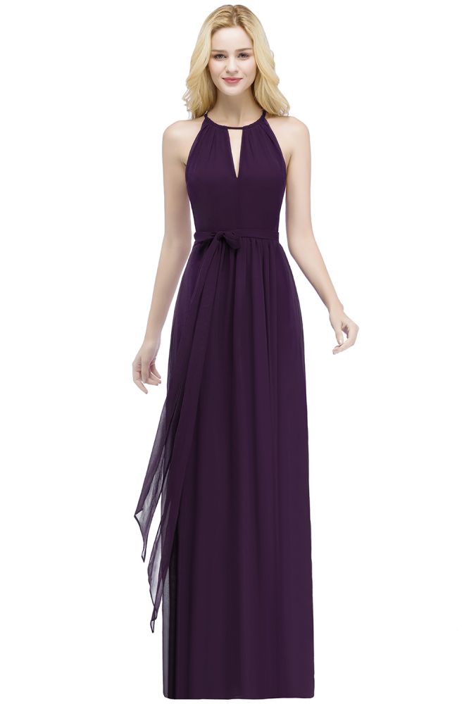 Vestidos de dama de honor burdeos con cuello halter, corte A, largo hasta el suelo y lazo
