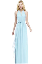 Vestidos de dama de honor burdeos con cuello halter, corte A, largo hasta el suelo y lazo