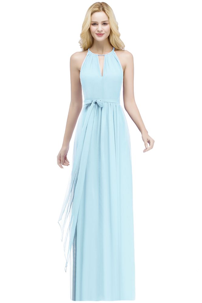 Vestidos de dama de honor burdeos con cuello halter, corte A, largo hasta el suelo y lazo