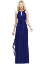Vestidos de dama de honor burdeos con cuello halter, corte A, largo hasta el suelo y lazo