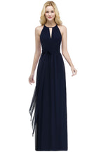 Vestidos de dama de honor burdeos con cuello halter, corte A, largo hasta el suelo y lazo
