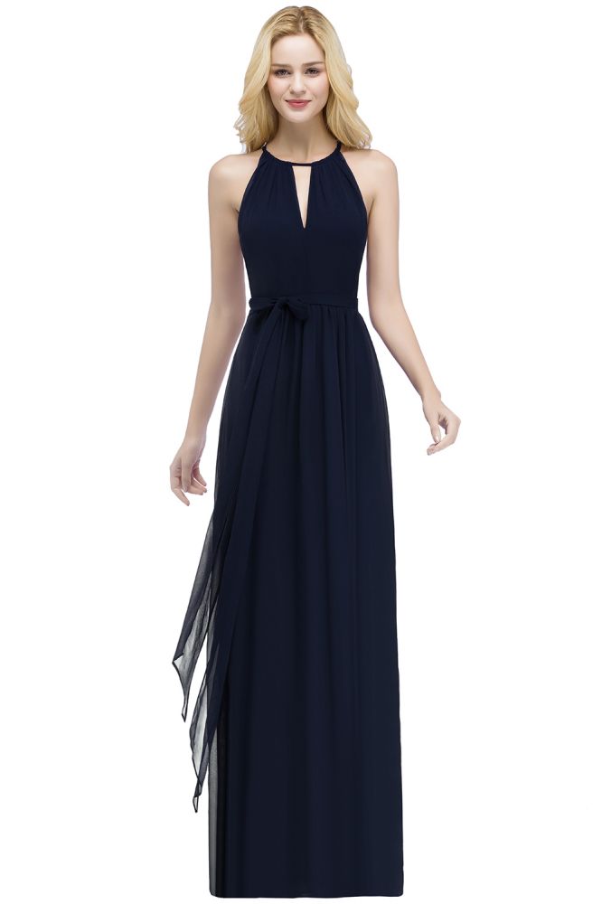 Vestidos de dama de honor burdeos con cuello halter, corte A, largo hasta el suelo y lazo
