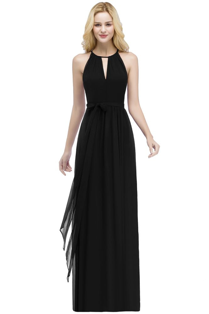 Vestidos de dama de honor burdeos con cuello halter, corte A, largo hasta el suelo y lazo