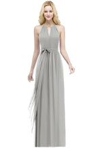 Vestidos de dama de honor burdeos con cuello halter, corte A, largo hasta el suelo y lazo