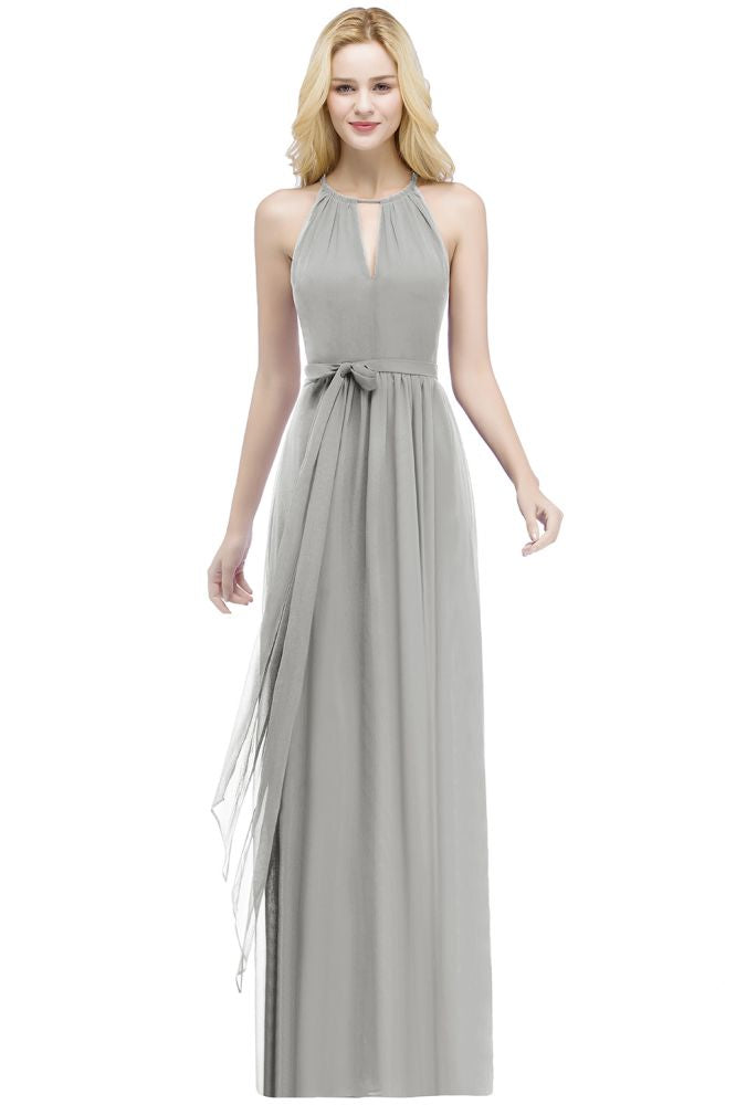 Vestidos de dama de honor burdeos con cuello halter, corte A, largo hasta el suelo y lazo