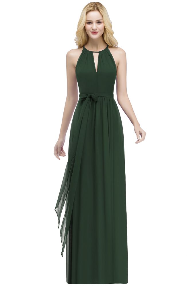 Vestidos de dama de honor burdeos con cuello halter, corte A, largo hasta el suelo y lazo