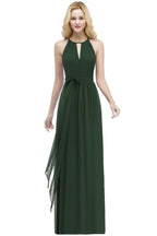 Vestidos de dama de honor burdeos con cuello halter, corte A, largo hasta el suelo y lazo