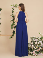 Vestidos de dama de honor burdeos con cuello halter, corte A, largo hasta el suelo y lazo