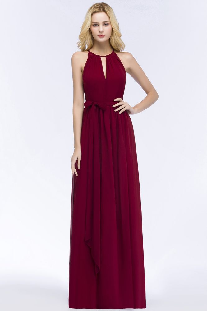 Vestidos de dama de honor burdeos con cuello halter, corte A, largo hasta el suelo y lazo