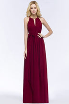 Vestidos de dama de honor burdeos con cuello halter, corte A, largo hasta el suelo y lazo