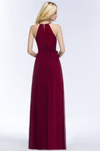 Vestidos de dama de honor burdeos con cuello halter, corte A, largo hasta el suelo y lazo