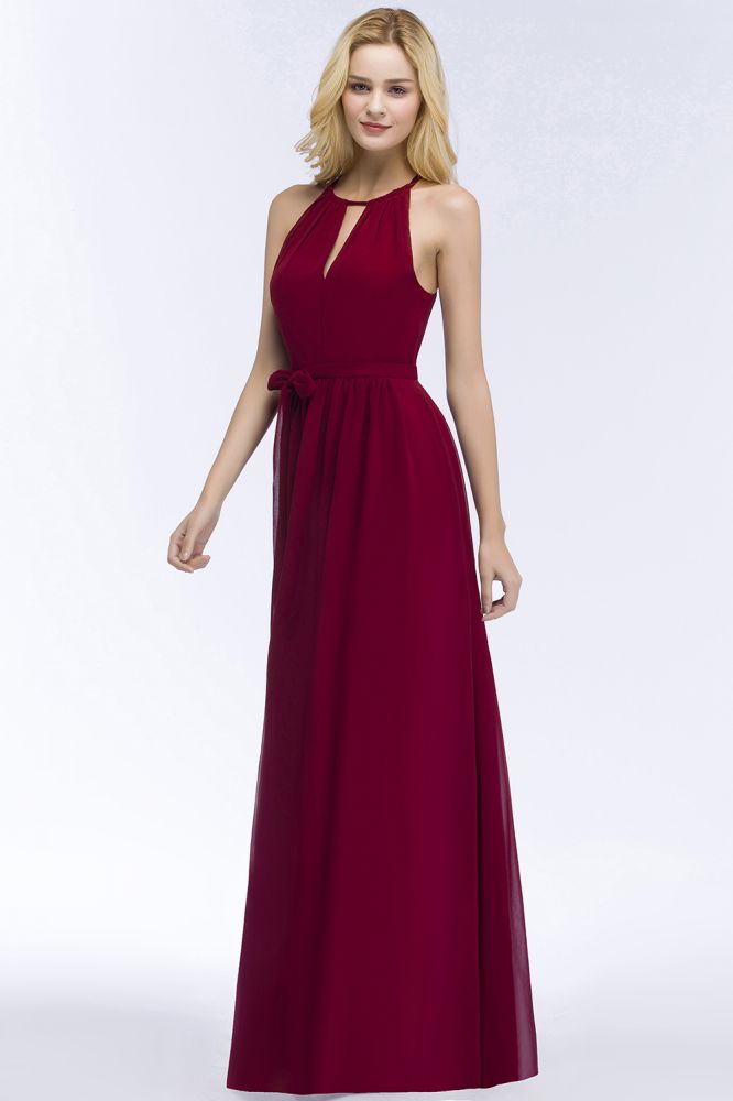 Vestidos de dama de honor burdeos con cuello halter, corte A, largo hasta el suelo y lazo