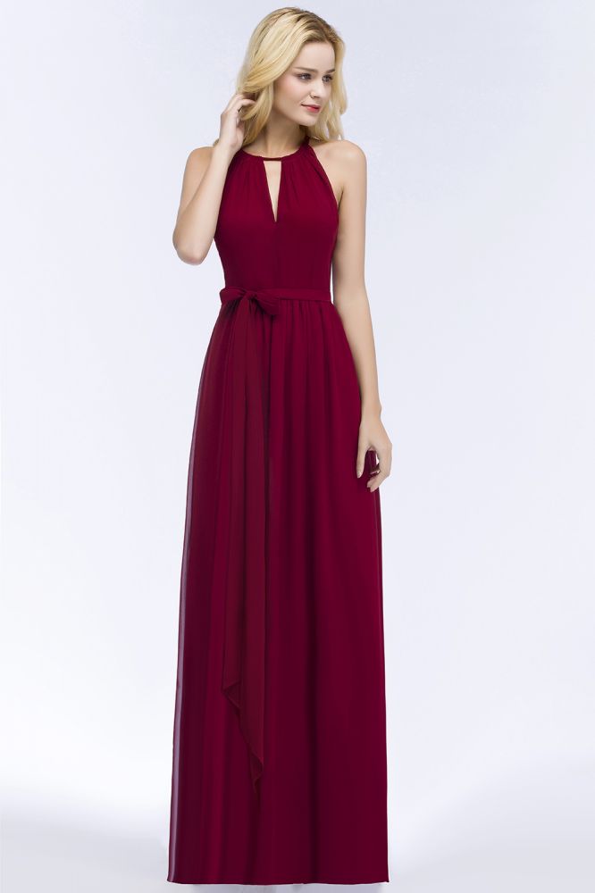 Vestidos de dama de honor burdeos con cuello halter, corte A, largo hasta el suelo y lazo